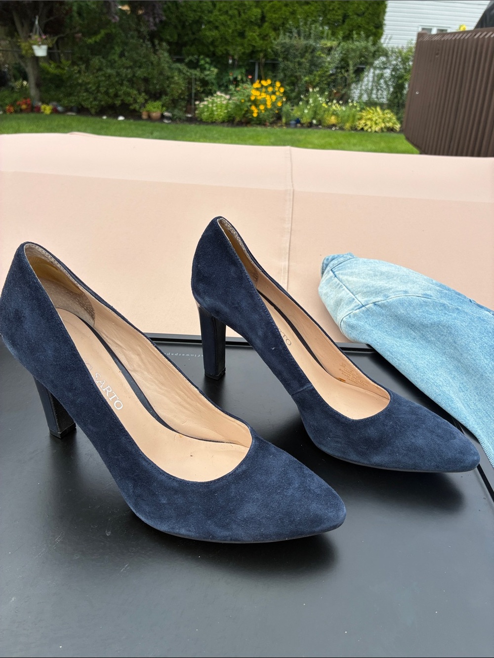 Franco Sarto Navy Suede Pointed Pumps with Mid Heel